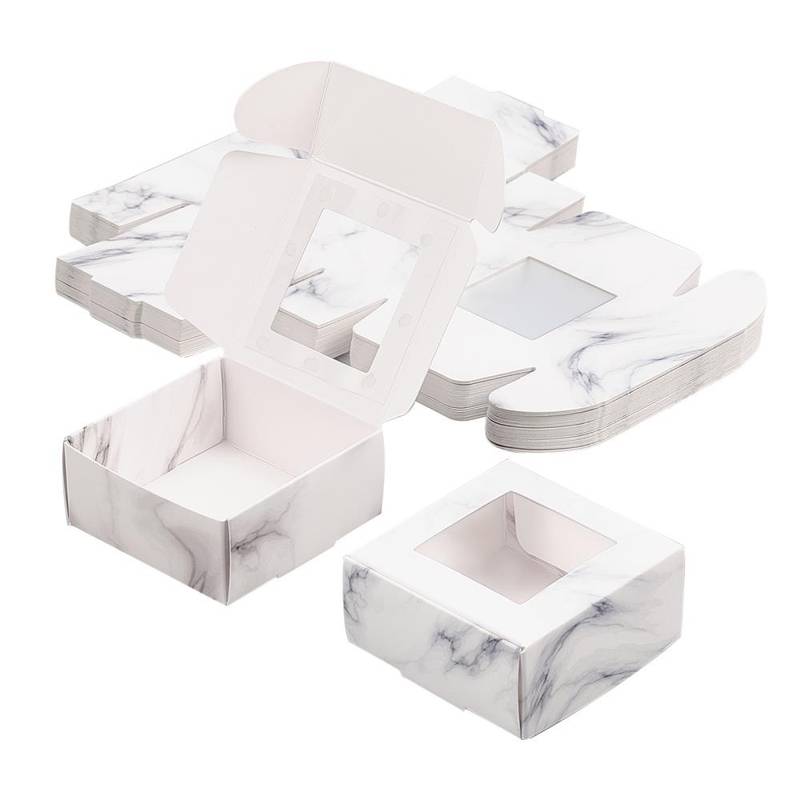 30pcs Foldable Kraft Paper Wedding Favor Boxes with Clear Plastic Window -  Square Light Grey 6.5x6.5x3cm - Perfect for Gifting and Decorating